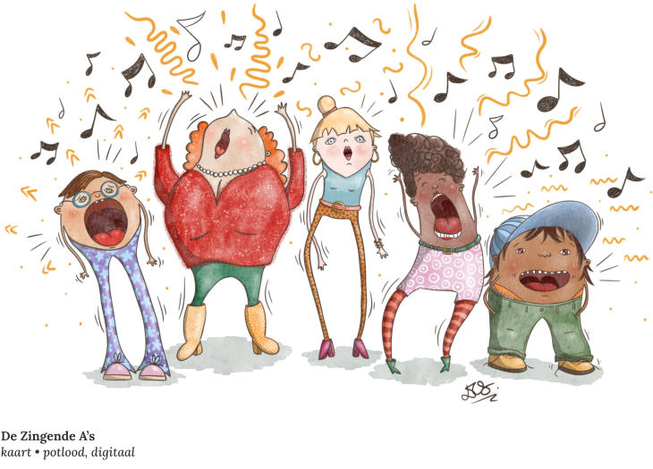 De Zingende A’s kaart • potlood, digitaal